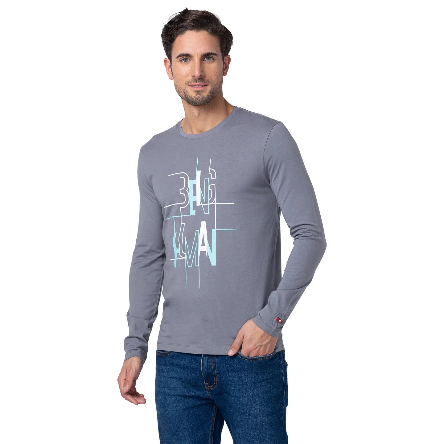 Grey Regular Fit Men's Long Sleeves T-Shirt by Being Human Clothing