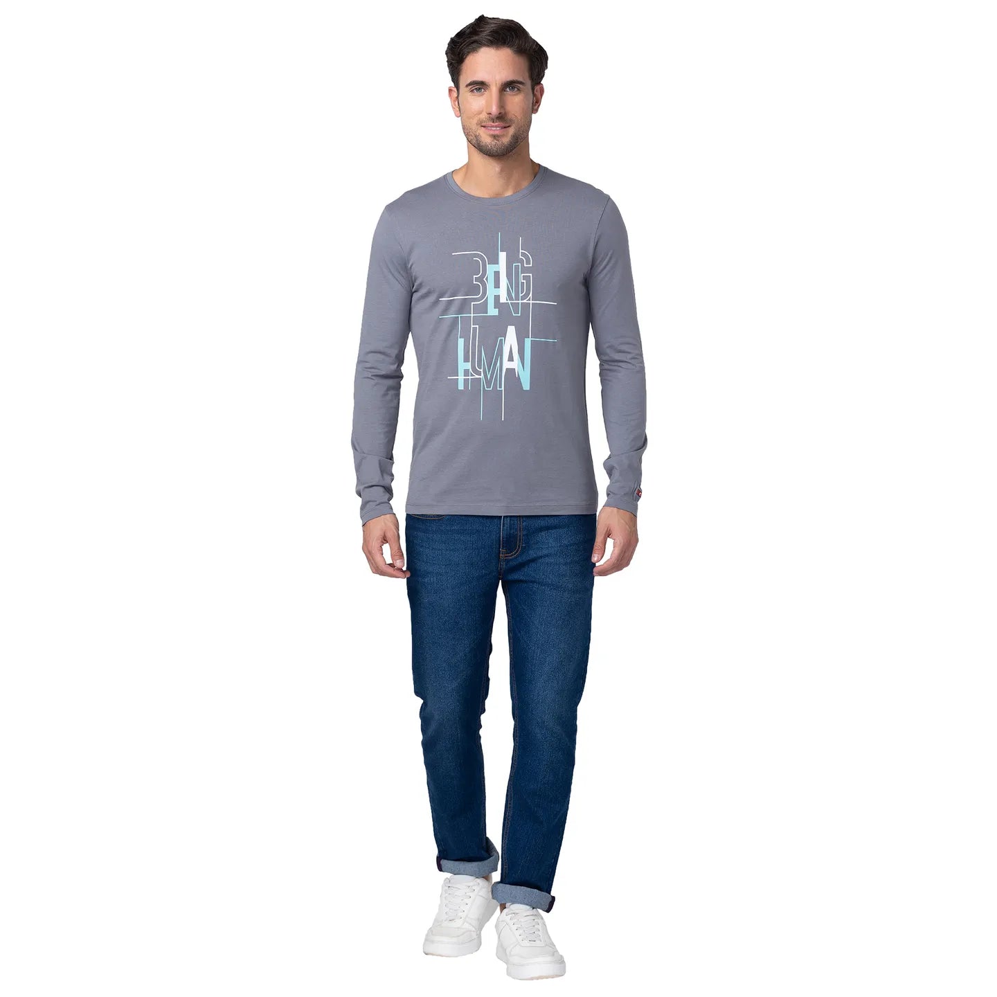 Grey Regular Fit Men's Long Sleeves T-Shirt by Being Human Clothing