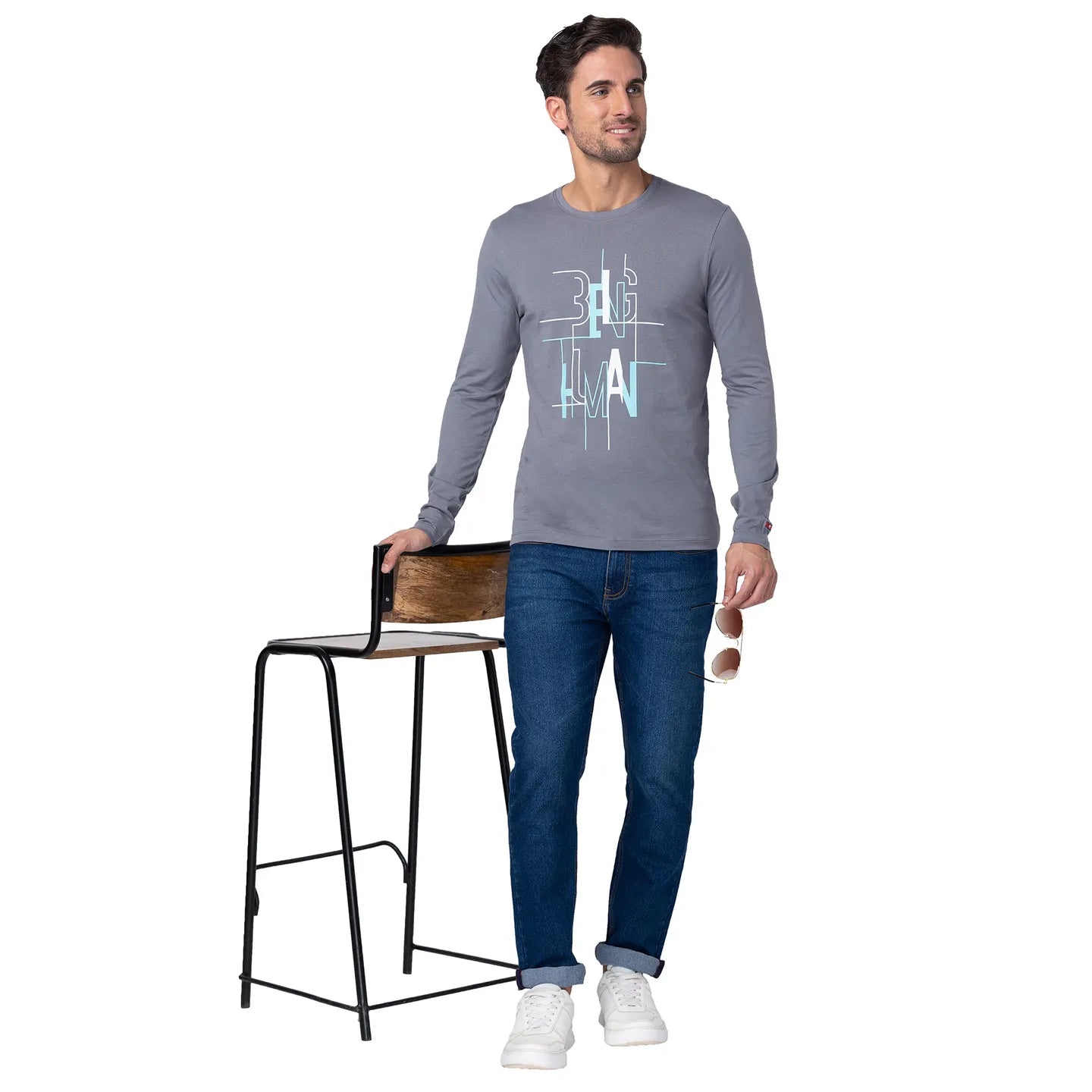 Grey Regular Fit Men's Long Sleeves T-Shirt by Being Human Clothing