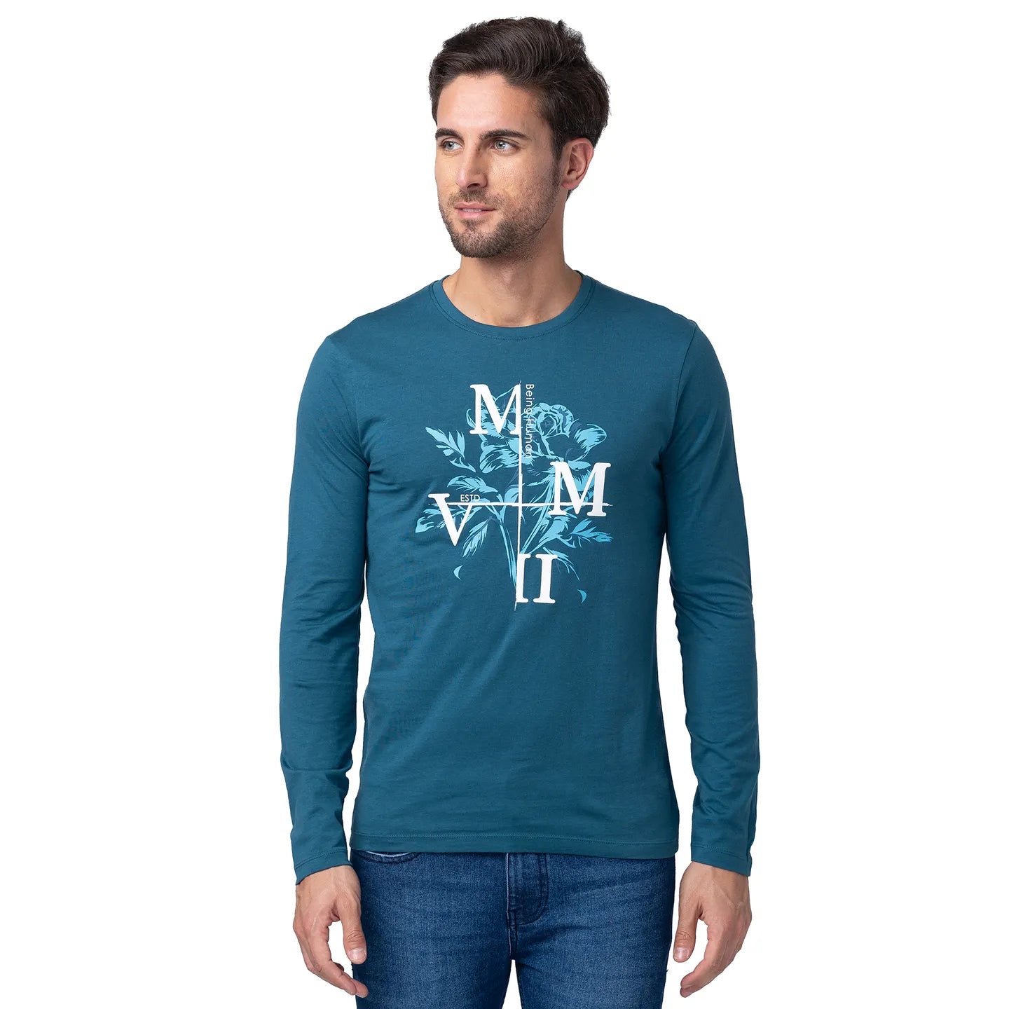 Blue Regular Fit Men's Long Sleeves T-Shirt by Being Human Clothing