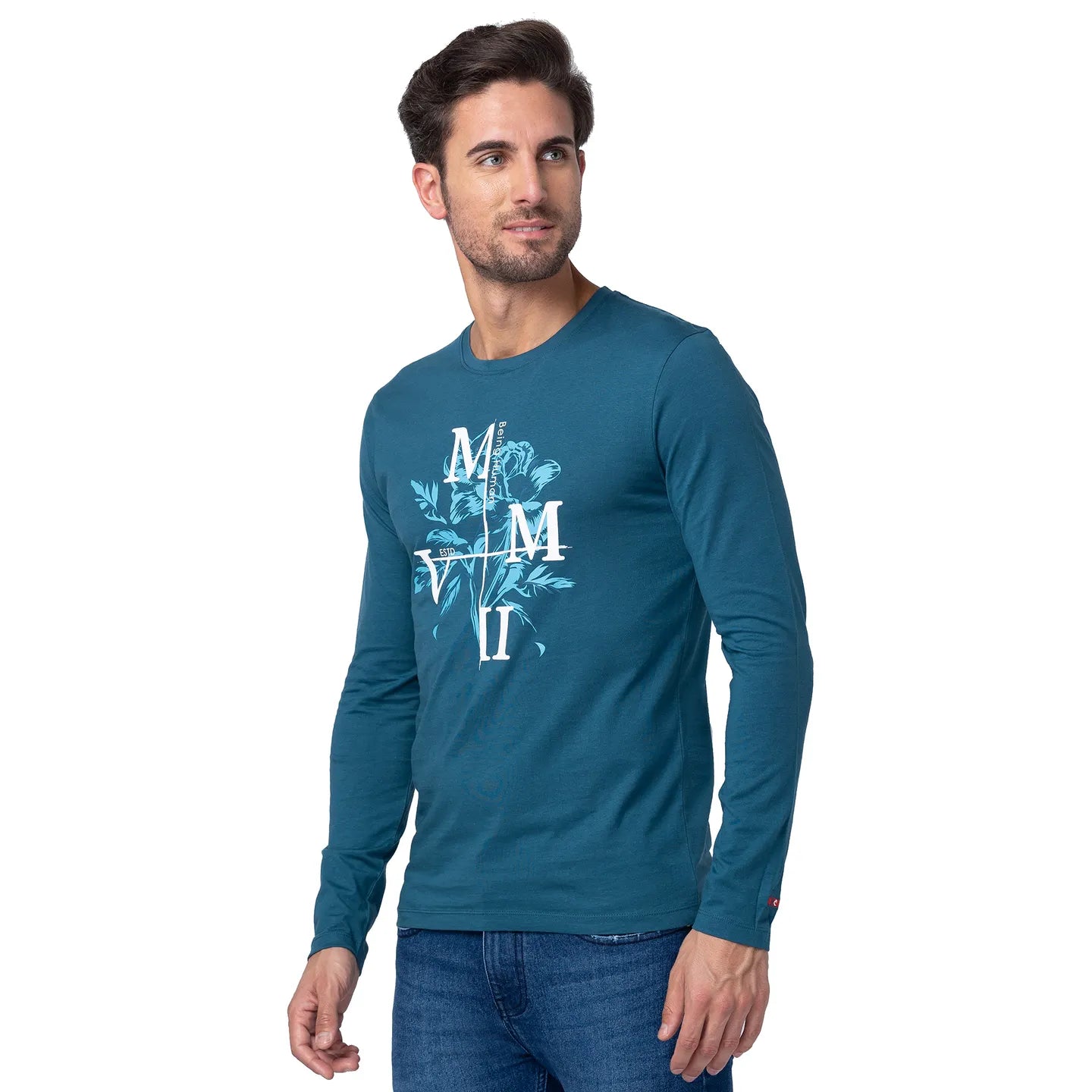 Blue Regular Fit Men's Long Sleeves T-Shirt by Being Human Clothing