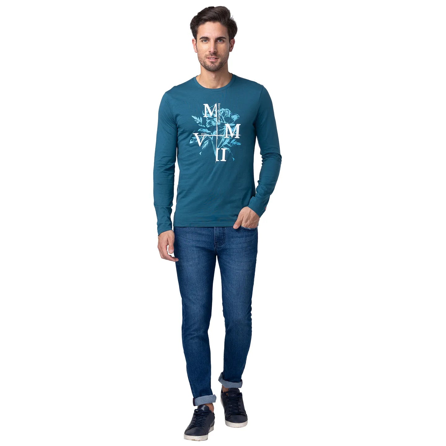 Blue Regular Fit Men's Long Sleeves T-Shirt by Being Human Clothing
