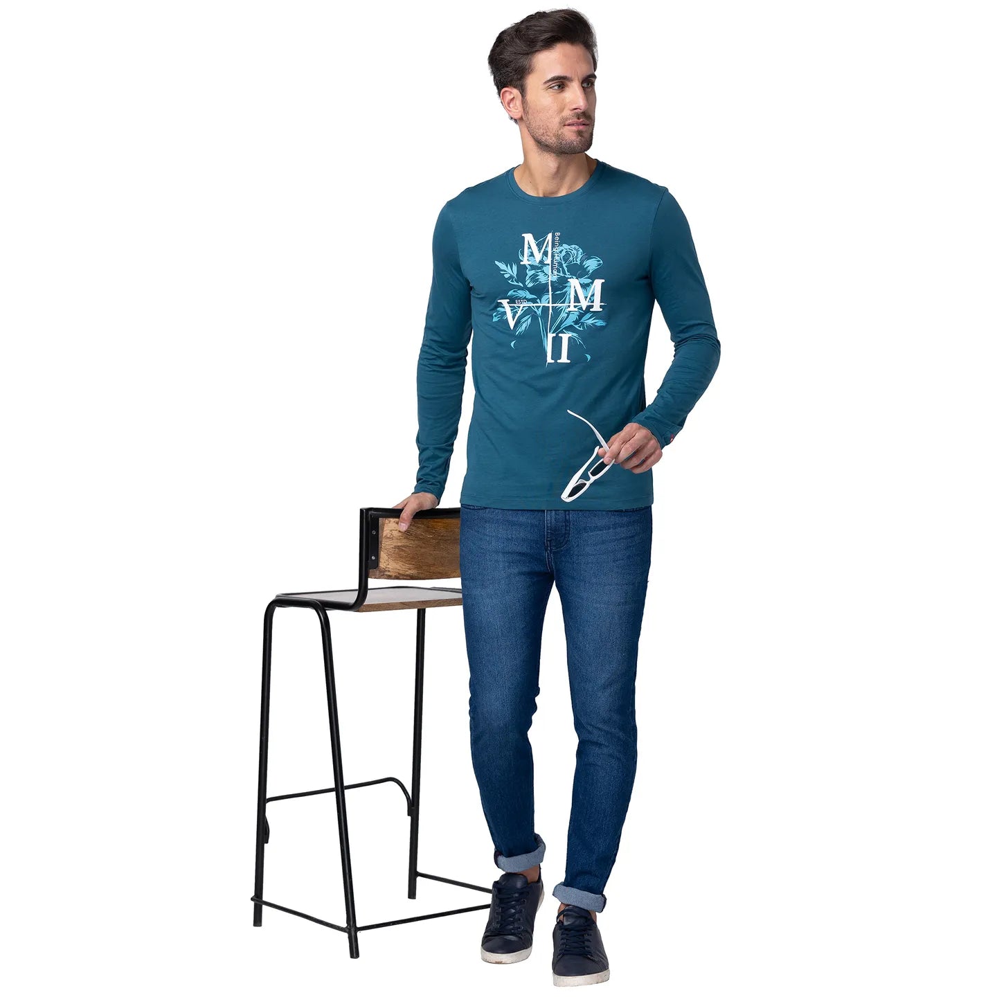 Blue Regular Fit Men's Long Sleeves T-Shirt by Being Human Clothing