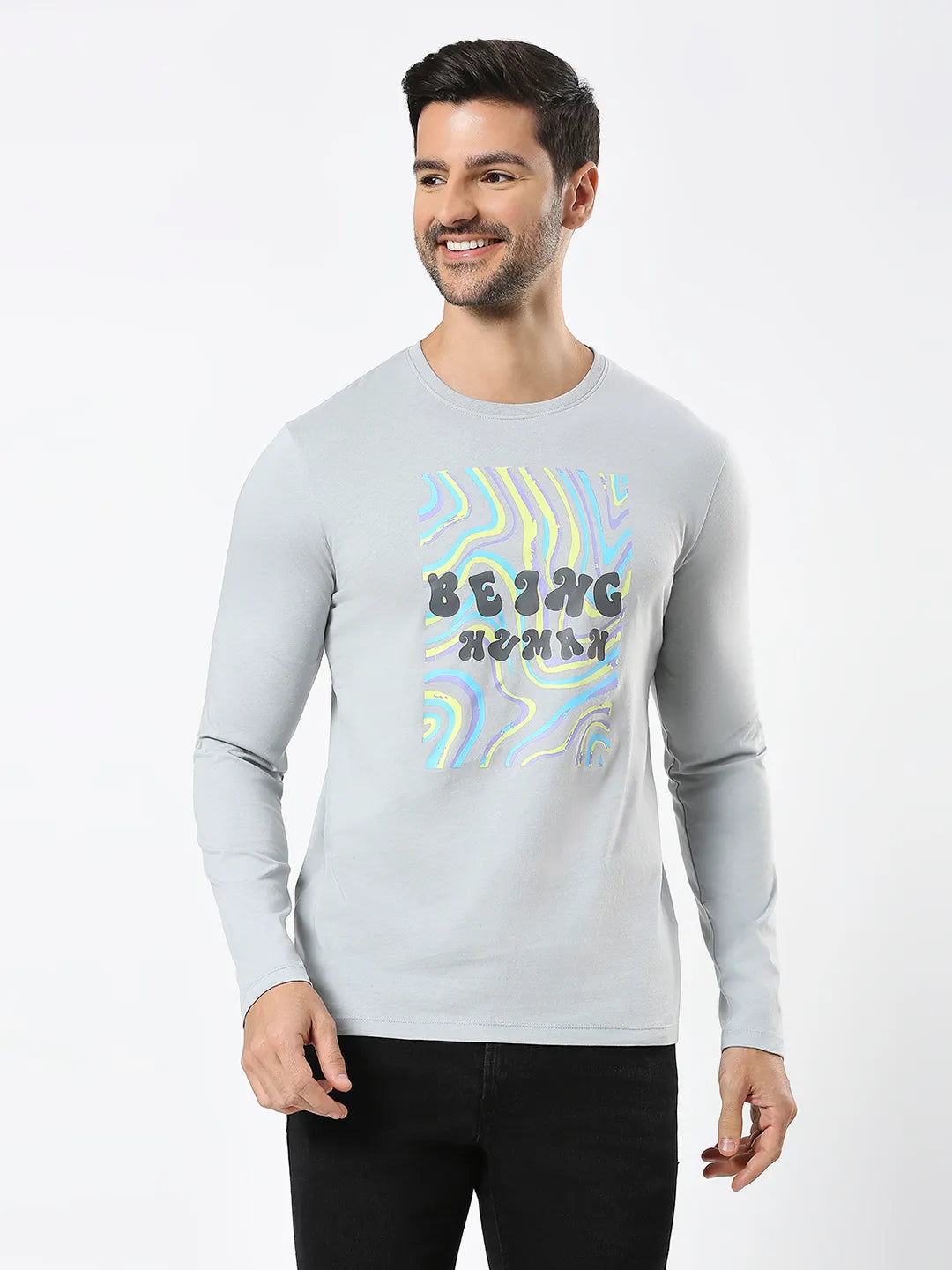 Grey Regular Fit Men's Long Sleeves T-Shirt by Being Human Clothing