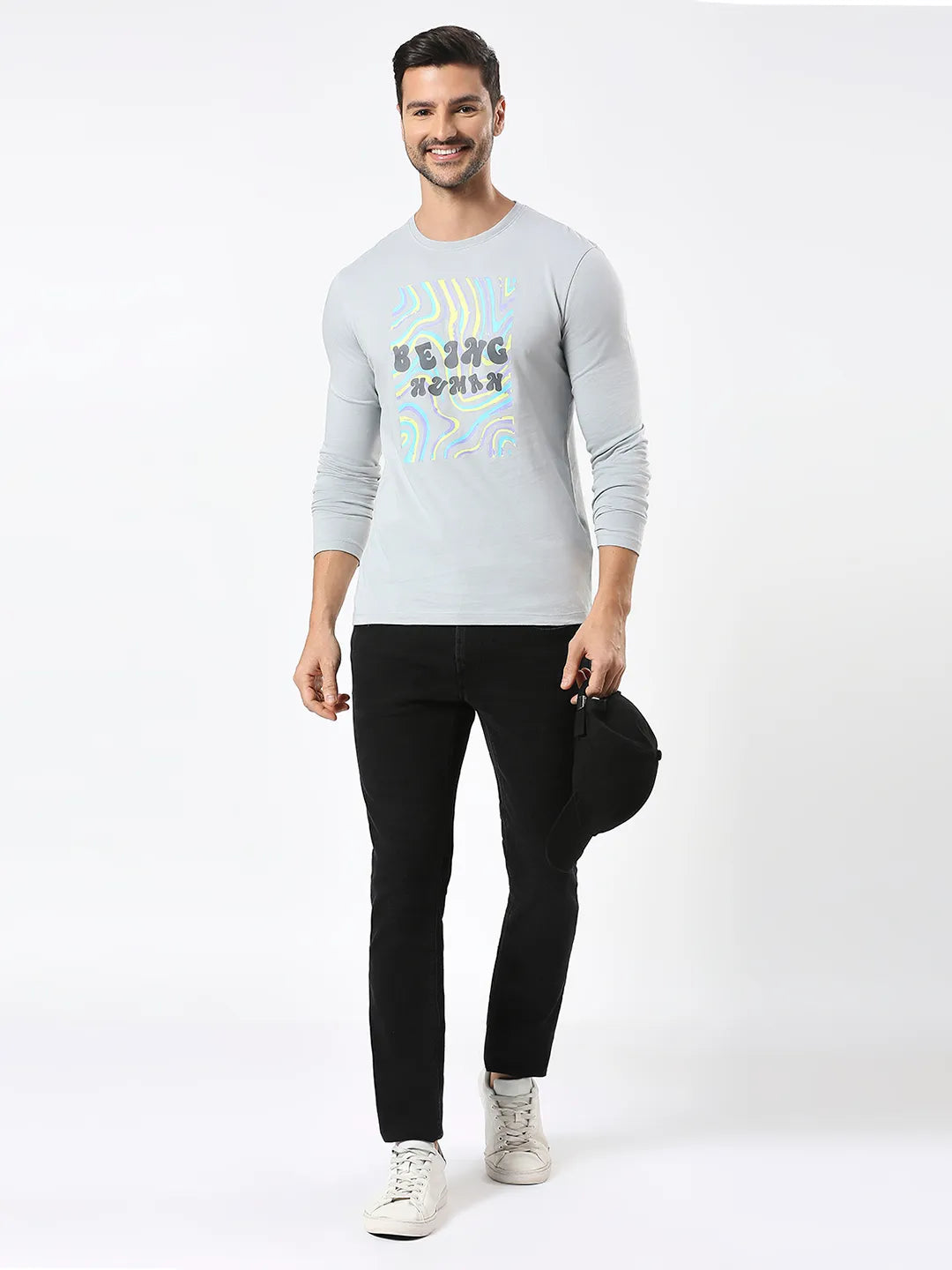 Grey Regular Fit Men's Long Sleeves T-Shirt by Being Human Clothing