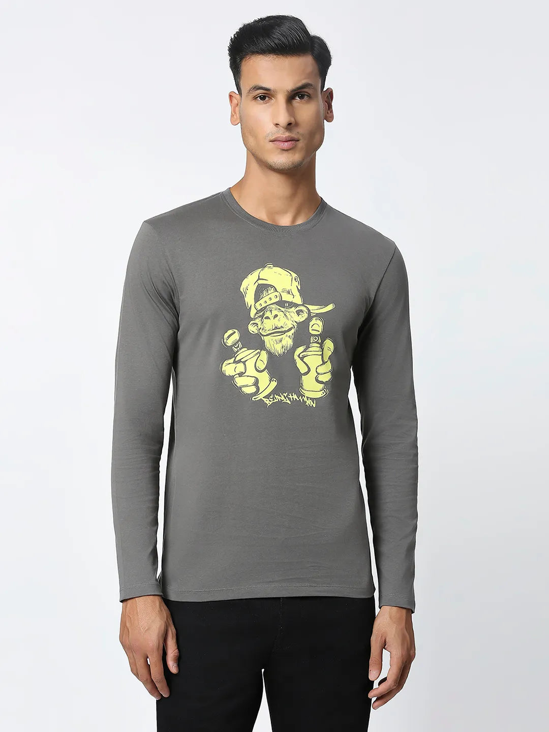 Grey Regular Fit Men's Long Sleeves T-Shirt by Being Human Clothing