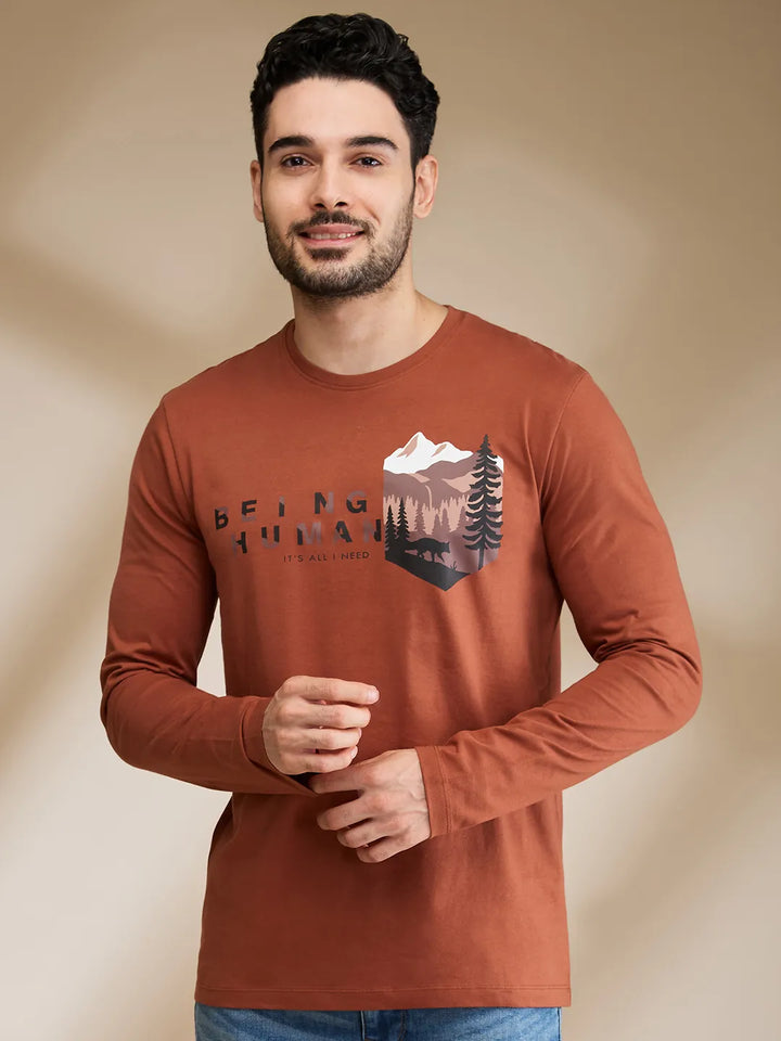 Brown Regular Fit Men's Long Sleeves T-Shirt by Being Human Clothing