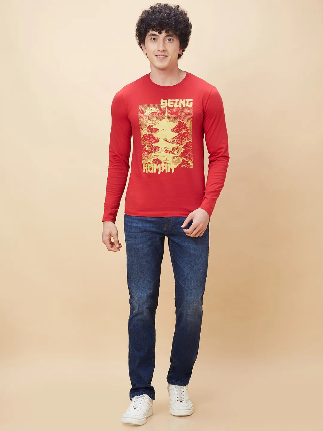 Red Regular Fit Men's Long Sleeves T-Shirt by Being Human Clothing