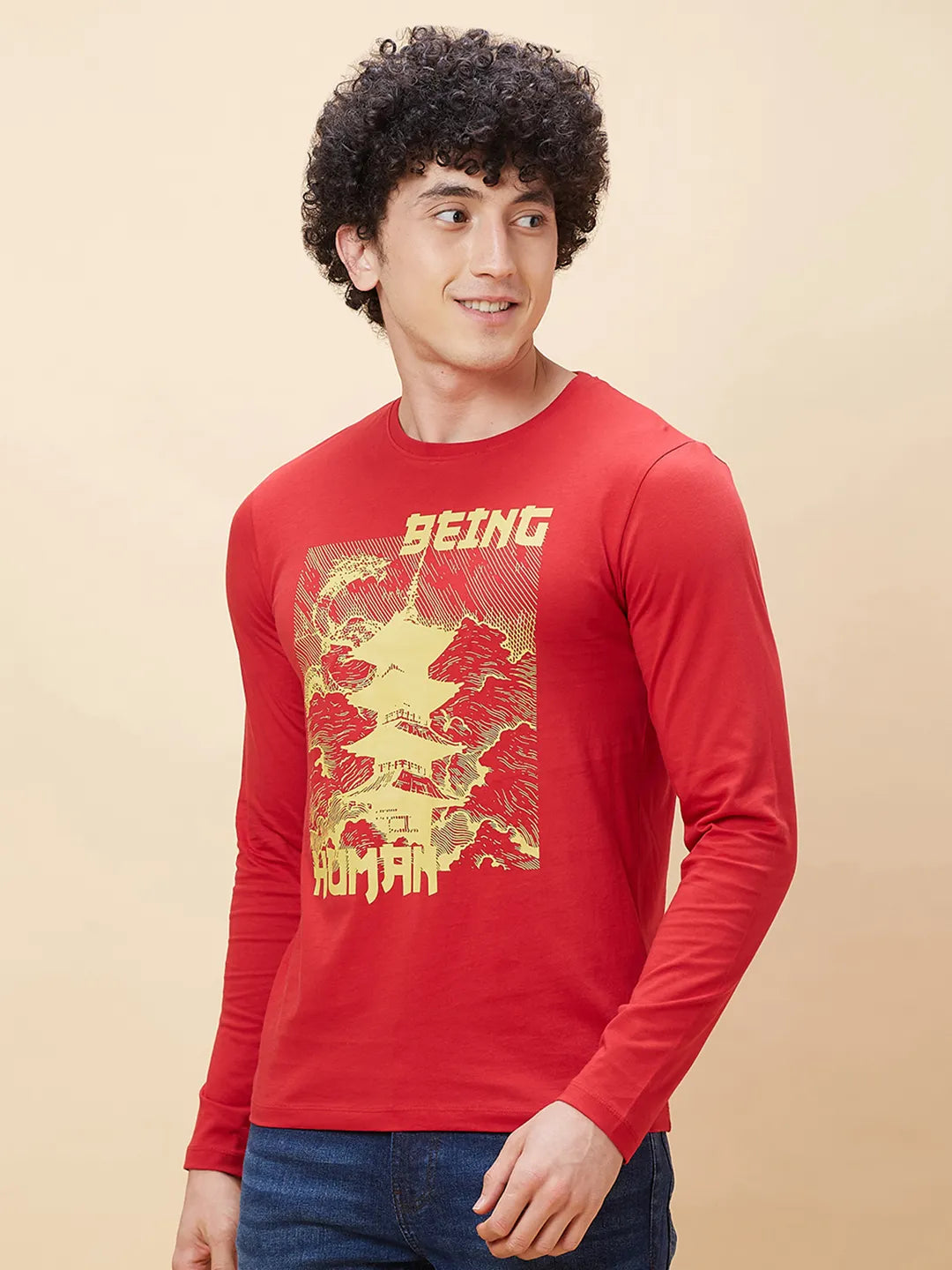 Red Regular Fit Men's Long Sleeves T-Shirt by Being Human Clothing