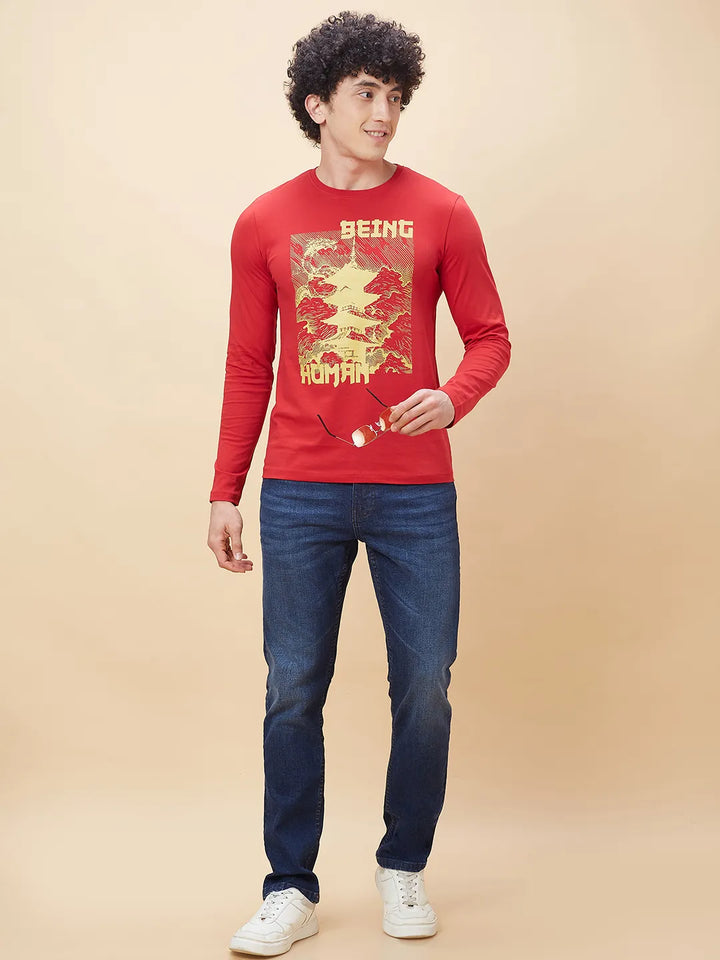 Red Regular Fit Men's Long Sleeves T-Shirt by Being Human Clothing