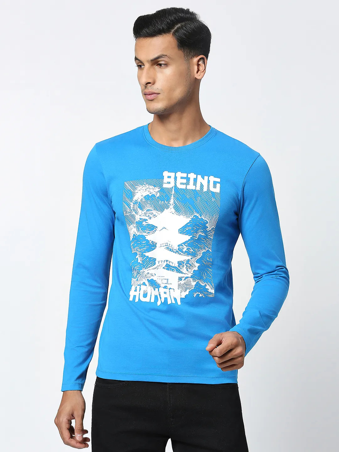 Blue Regular Fit Men's Long Sleeves T-Shirt by Being Human Clothing