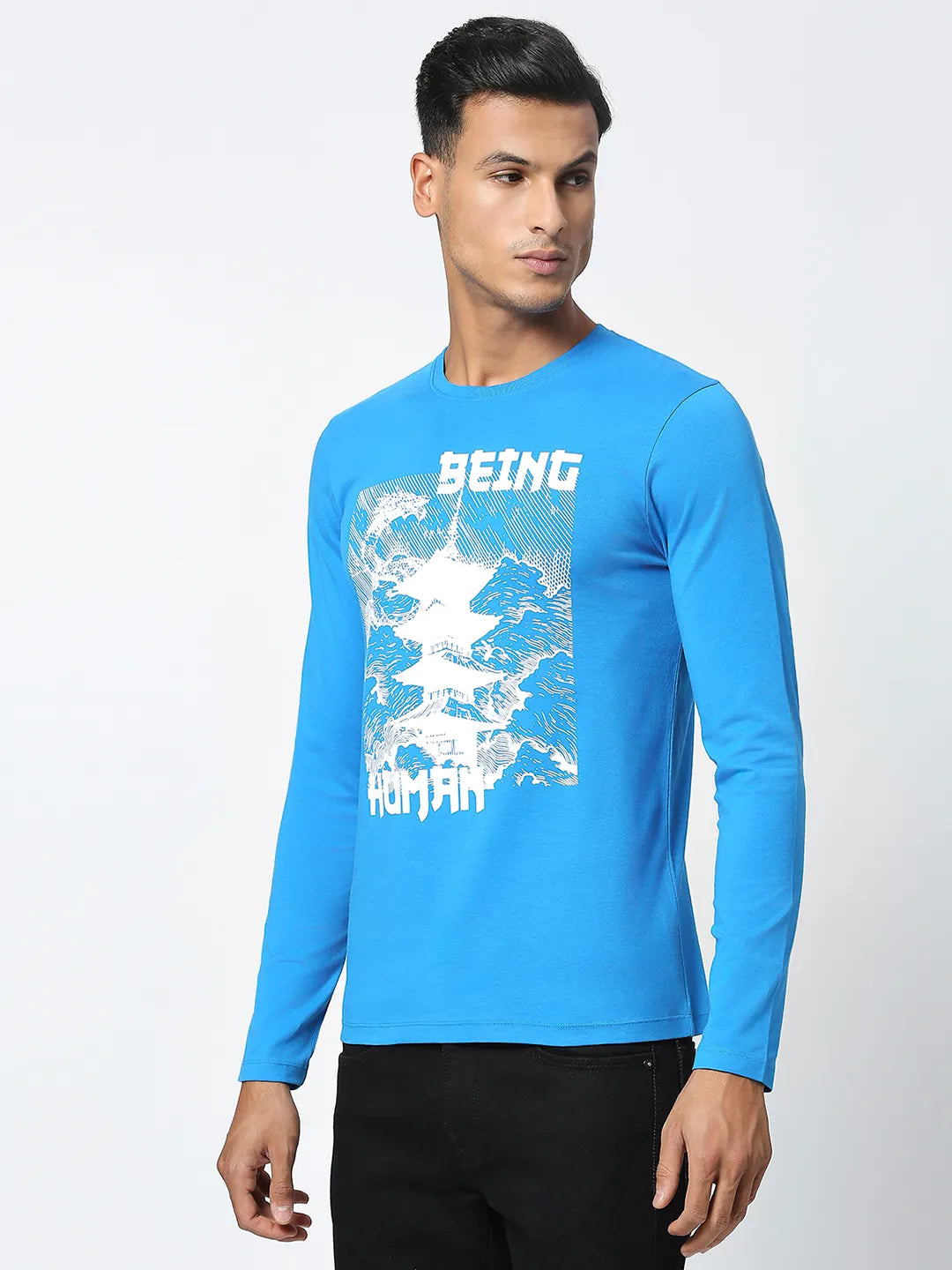 Blue Regular Fit Men's Long Sleeves T-Shirt by Being Human Clothing