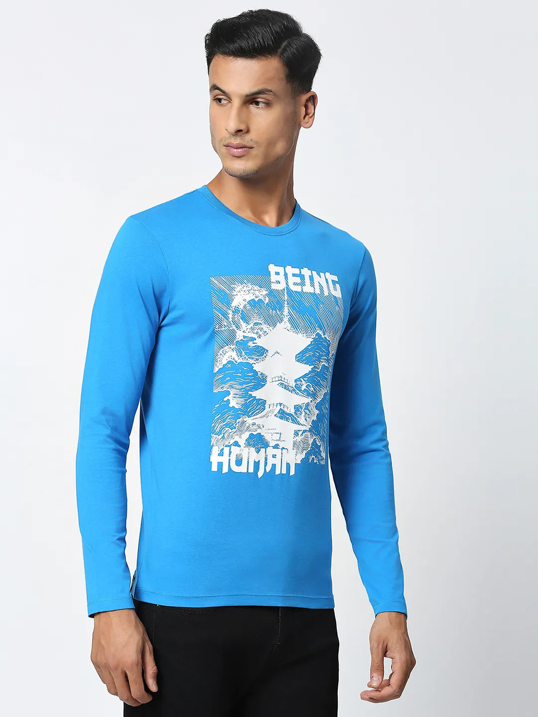 Blue Regular Fit Men's Long Sleeves T-Shirt by Being Human Clothing
