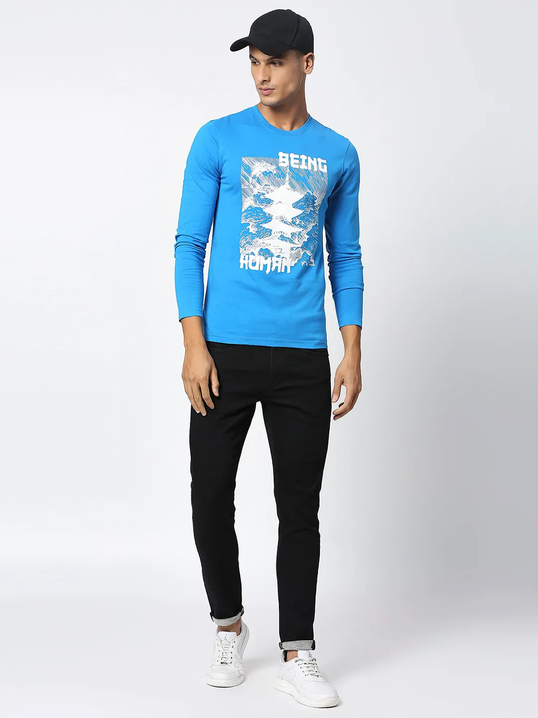 Blue Regular Fit Men's Long Sleeves T-Shirt by Being Human Clothing