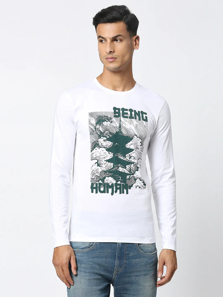 White Regular Fit Men's Long Sleeves T-Shirt by Being Human Clothing