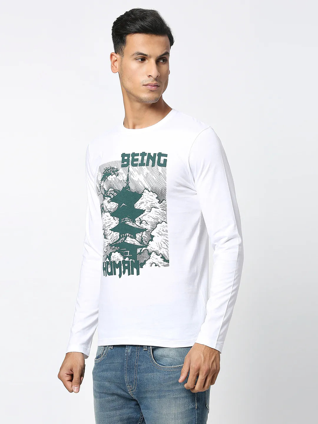 White Regular Fit Men's Long Sleeves T-Shirt by Being Human Clothing