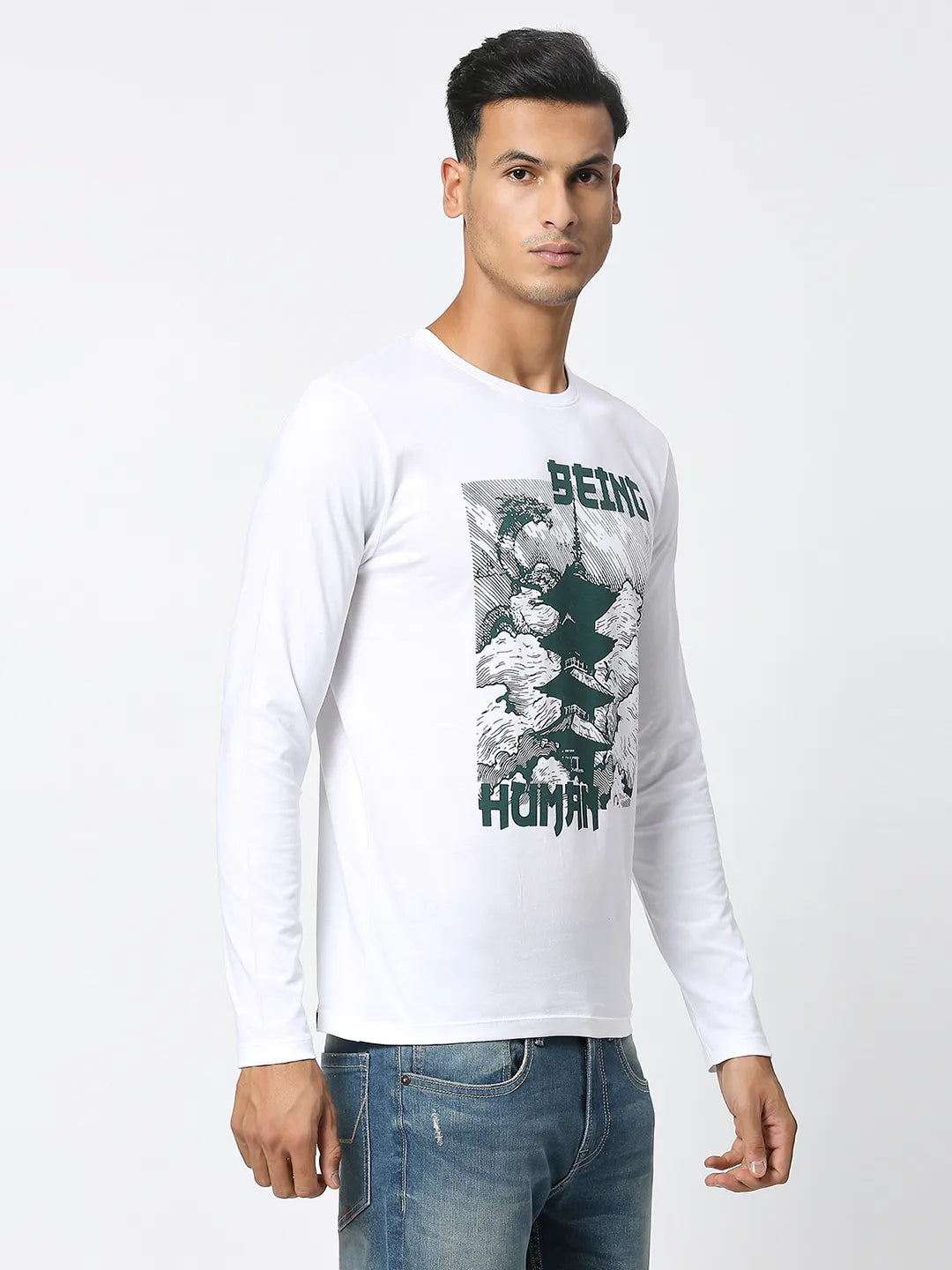 White Regular Fit Men's Long Sleeves T-Shirt by Being Human Clothing