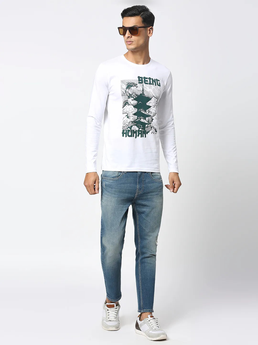 White Regular Fit Men's Long Sleeves T-Shirt by Being Human Clothing