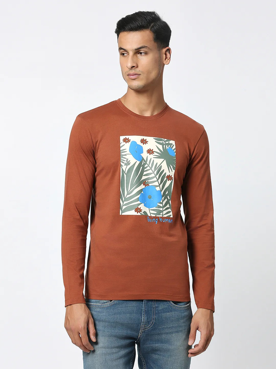Brown Regular Fit Men's Long Sleeves T-Shirt by Being Human Clothing