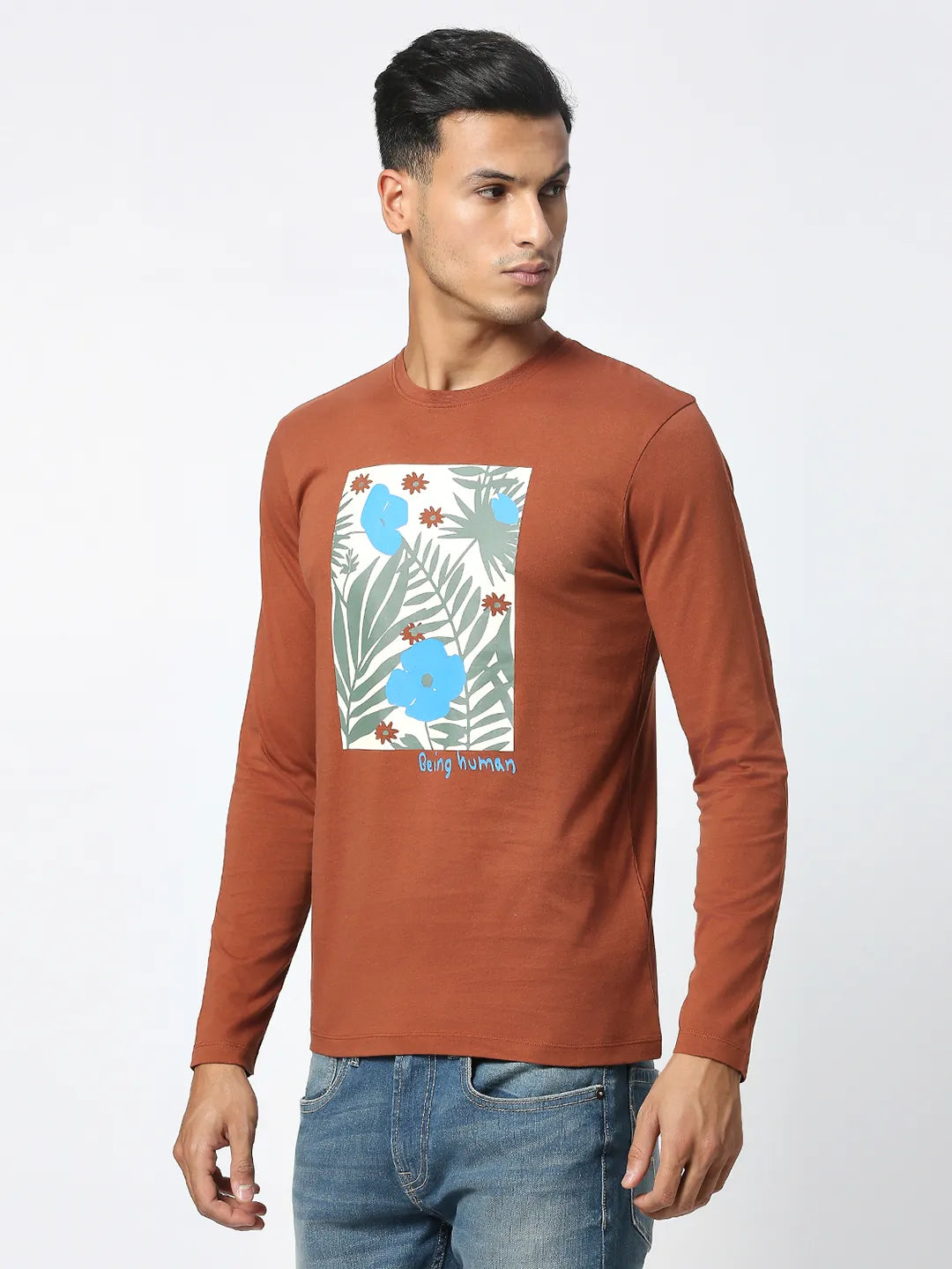 Brown Regular Fit Men's Long Sleeves T-Shirt by Being Human Clothing