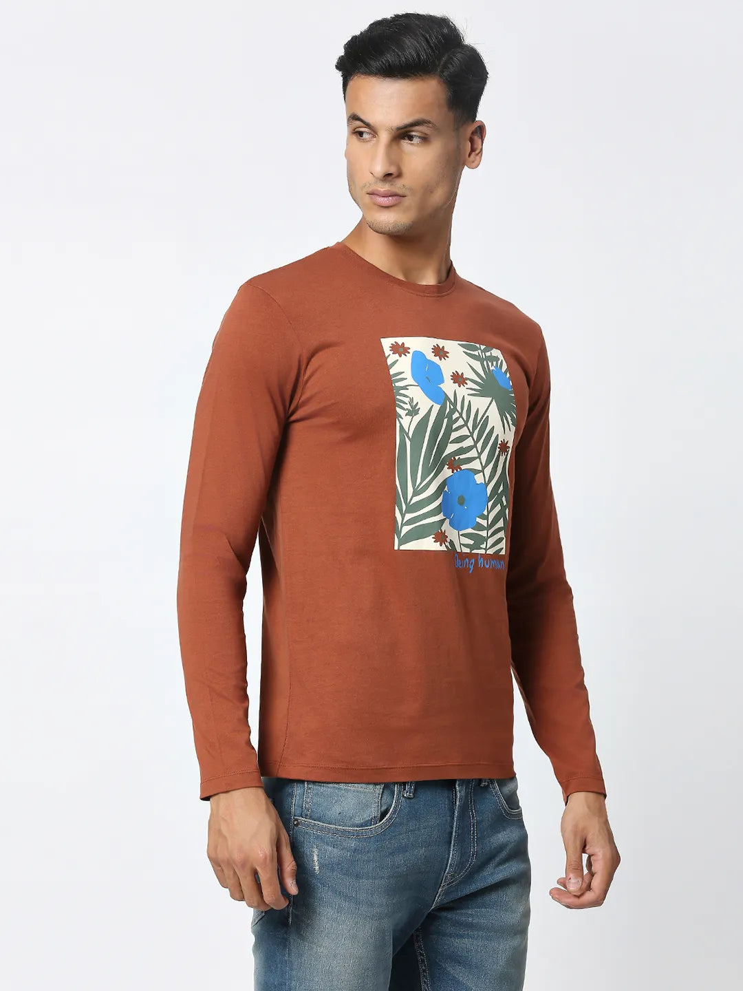 Brown Regular Fit Men's Long Sleeves T-Shirt by Being Human Clothing