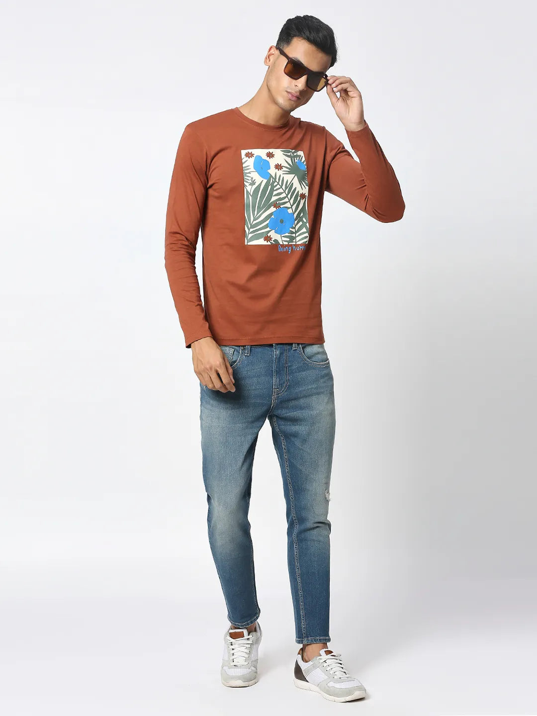 Brown Regular Fit Men's Long Sleeves T-Shirt by Being Human Clothing