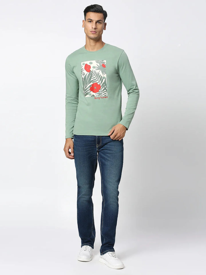 Green Regular Fit Men's Long Sleeves T-Shirt by Being Human Clothing
