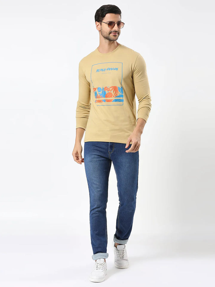Khaki Regular Fit Men's Long Sleeves T-Shirt by Being Human Clothing