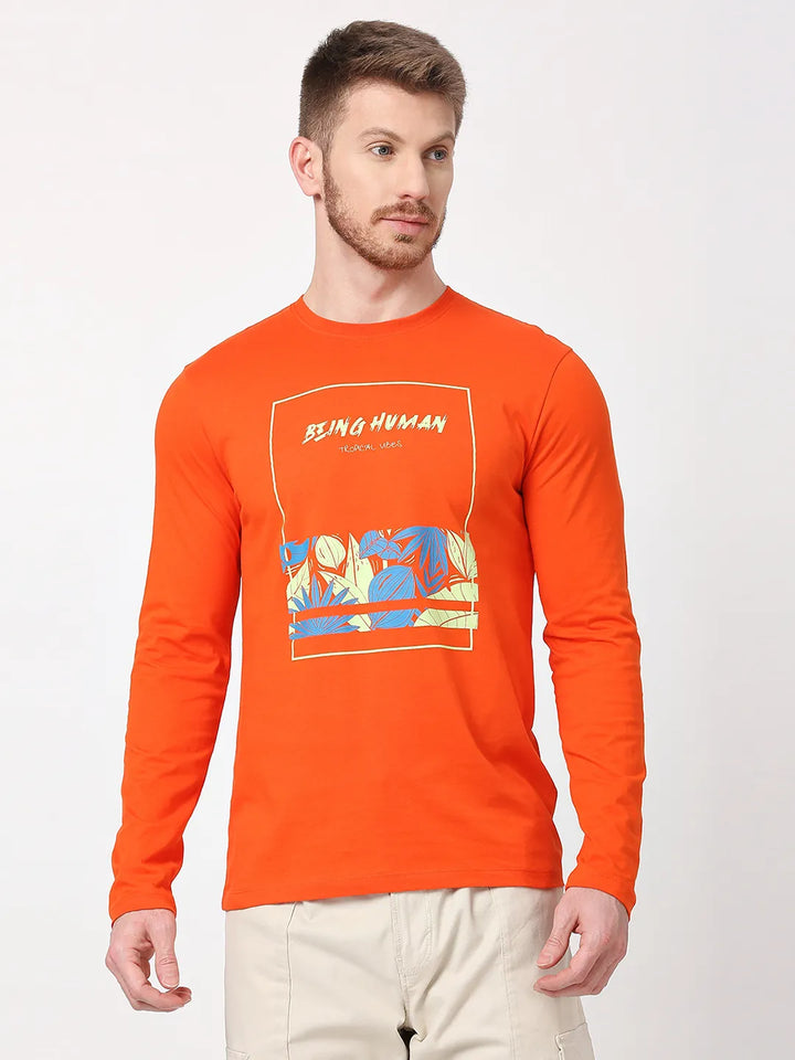 Orange Regular Fit Men's Long Sleeves T-Shirt by Being Human Clothing
