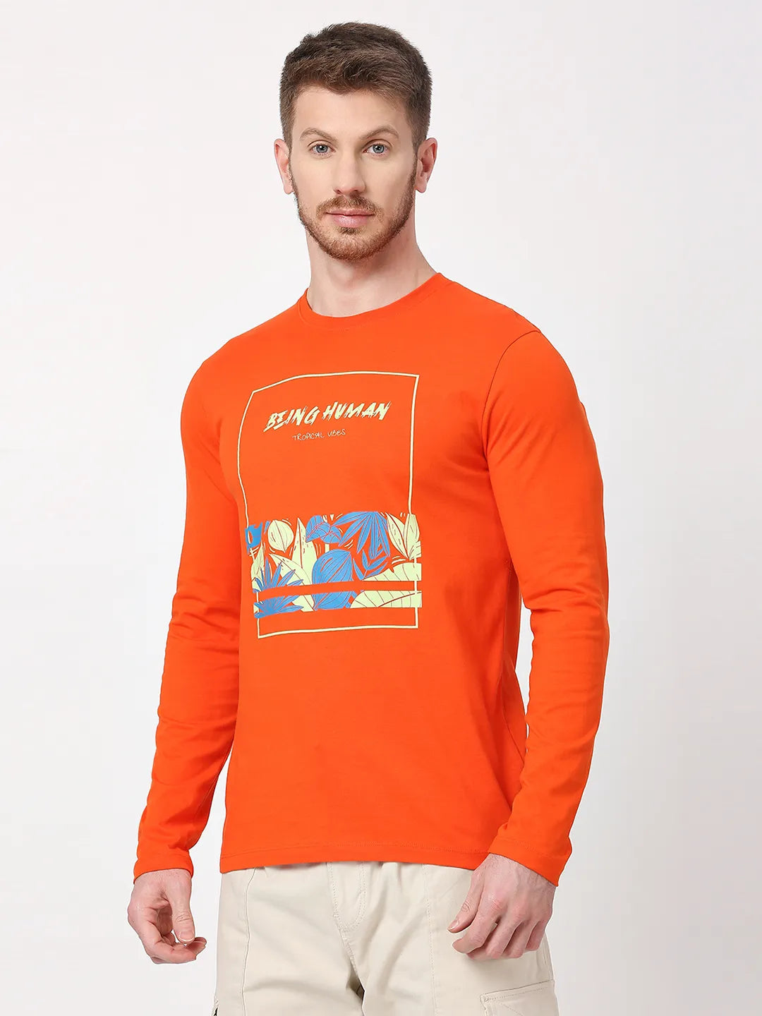 Orange Regular Fit Men's Long Sleeves T-Shirt by Being Human Clothing