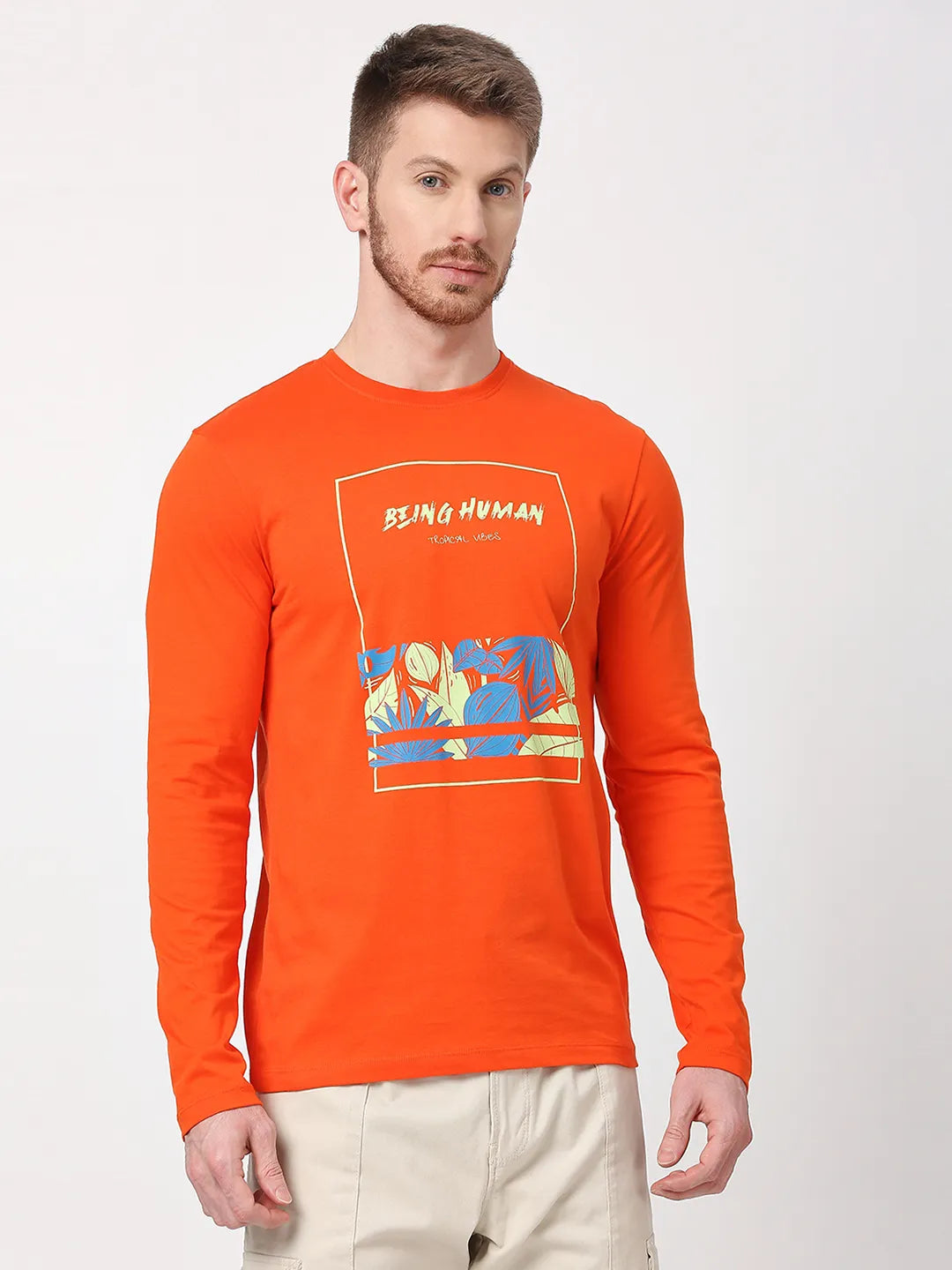 Orange Regular Fit Men's Long Sleeves T-Shirt by Being Human Clothing