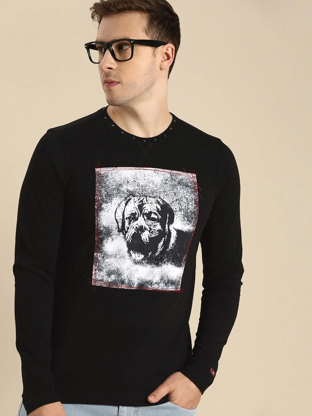 Black Slim Straight Fit Men's Long Sleeves T-Shirt by Being Human Clothing