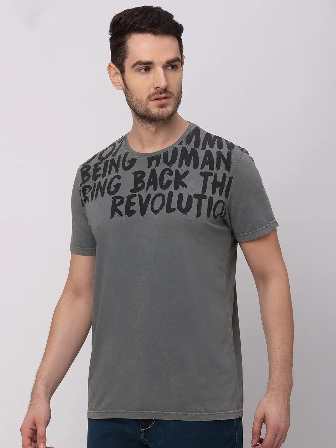 Grey Regular Fit Round Neck Men's T-Shirt by Being Human Clothing