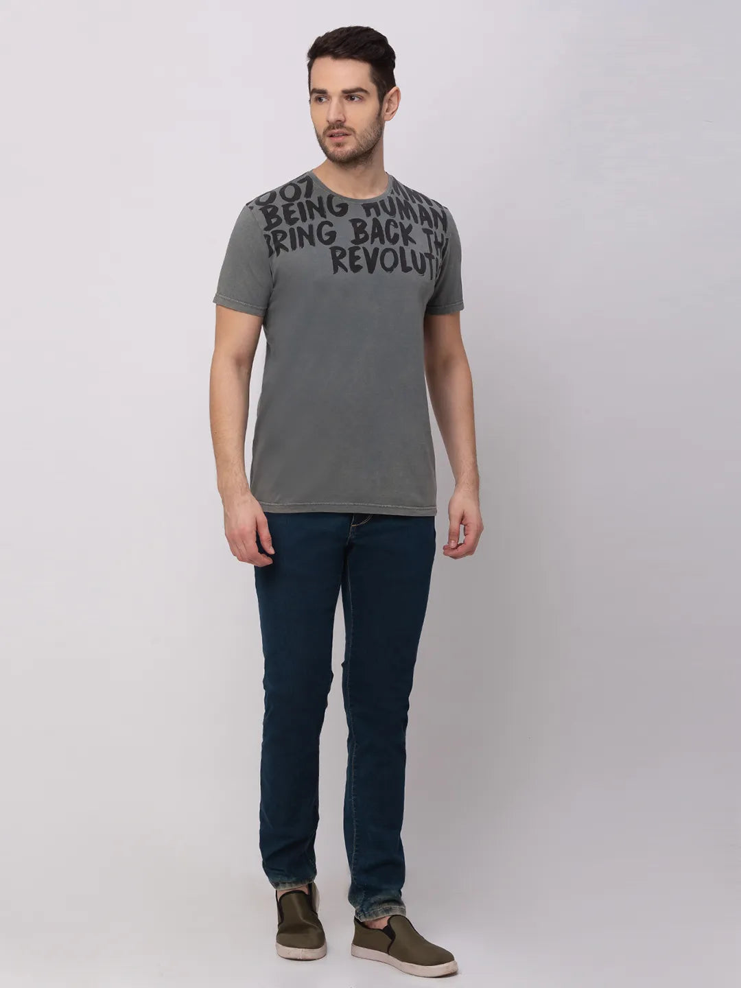 Grey Regular Fit Round Neck Men's T-Shirt by Being Human Clothing