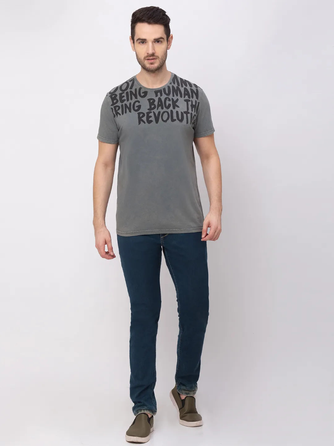 Grey Regular Fit Round Neck Men's T-Shirt by Being Human Clothing