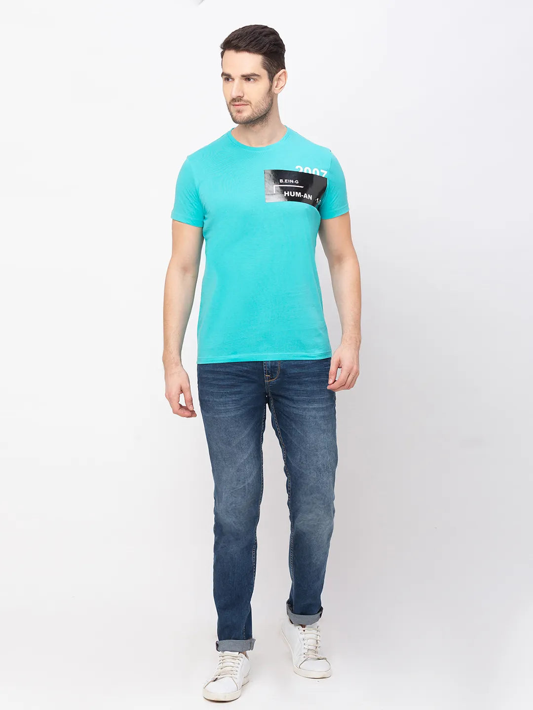 Green Regular Fit Round Neck Men's T-Shirt by Being Human Clothing