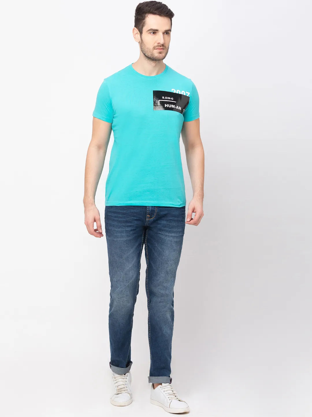 Green Regular Fit Round Neck Men's T-Shirt by Being Human Clothing