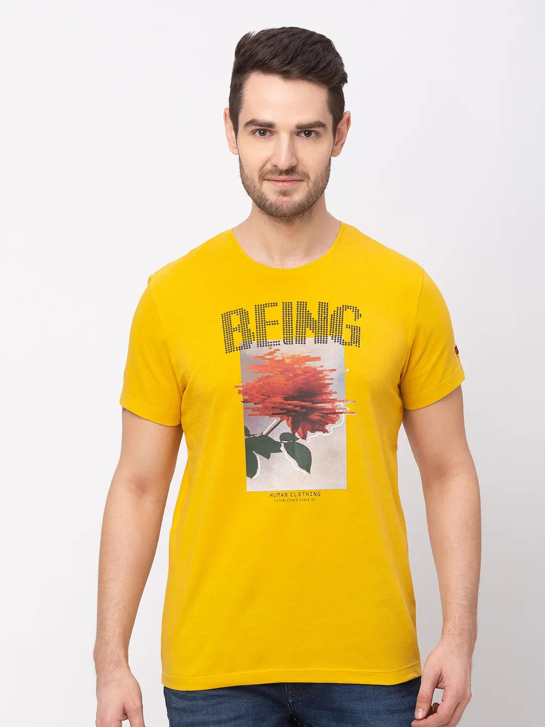 Deep Ocher Regular Fit Round Neck Men's T-Shirt by Being Human Clothing