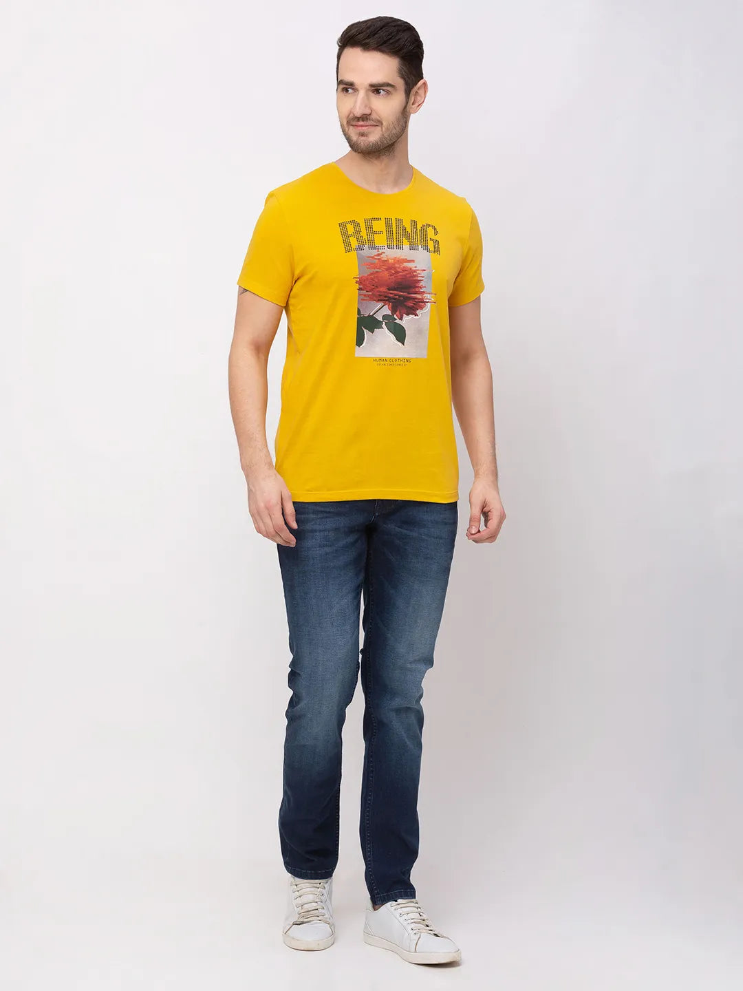 Deep Ocher Regular Fit Round Neck Men's T-Shirt by Being Human Clothing