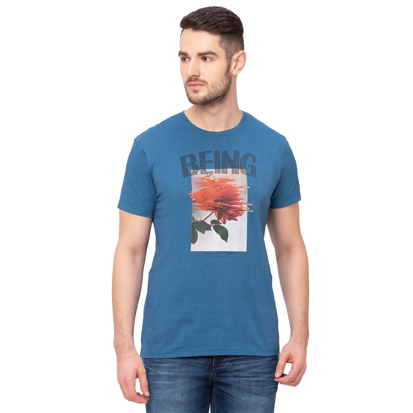 Teal Regular Fit Round Neck Men's T-Shirt by Being Human Clothing