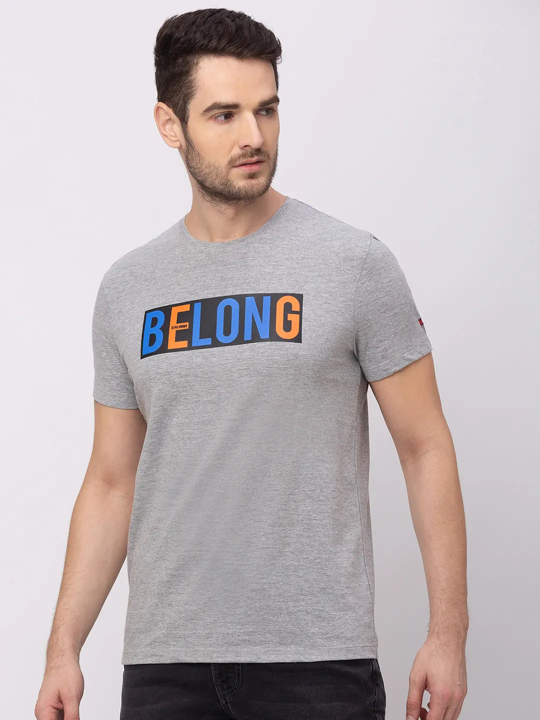 Grey Melange Regular Fit Round Neck Men's T-Shirt by Being Human Clothing