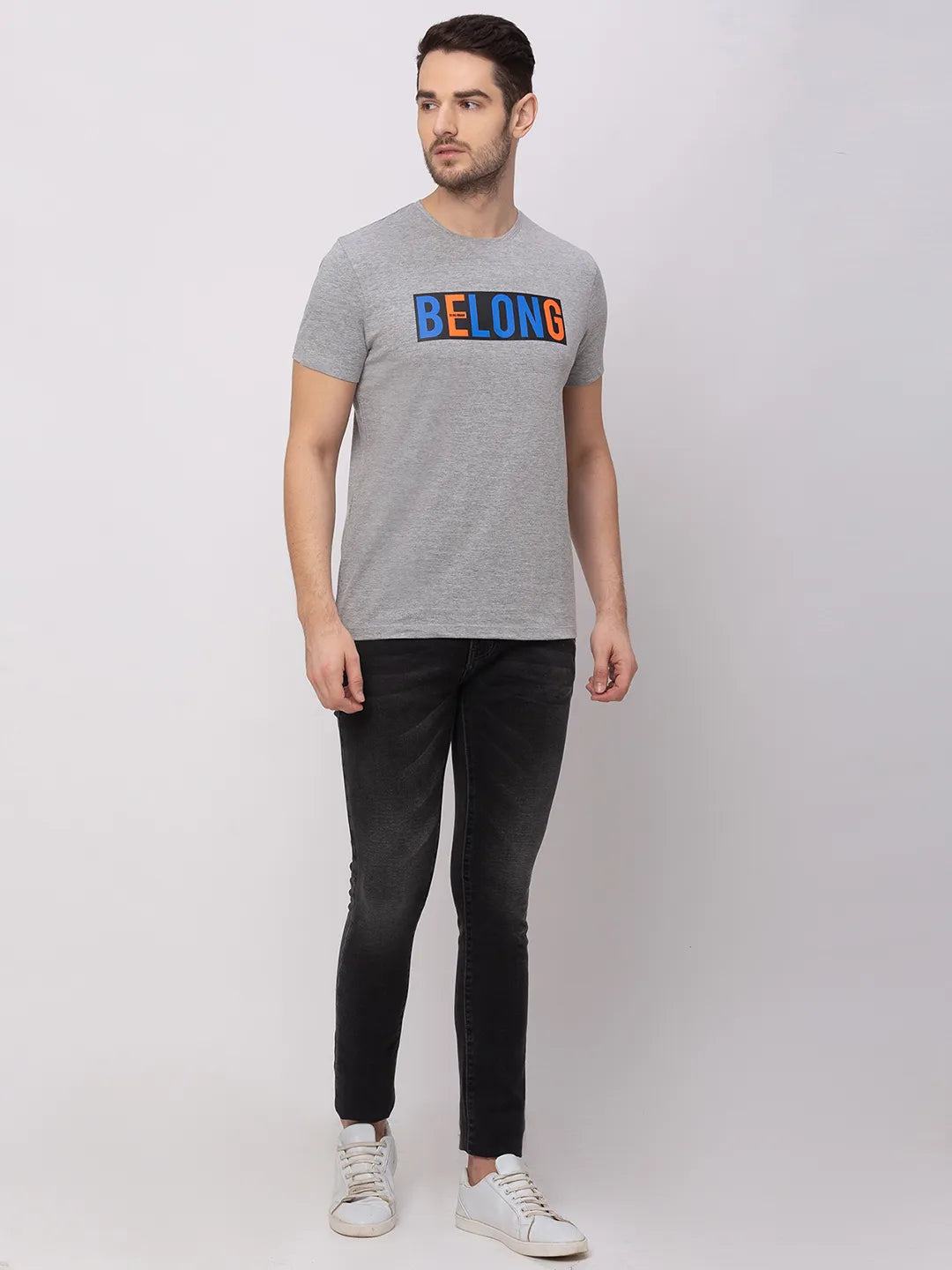 Grey Melange Regular Fit Round Neck Men's T-Shirt by Being Human Clothing