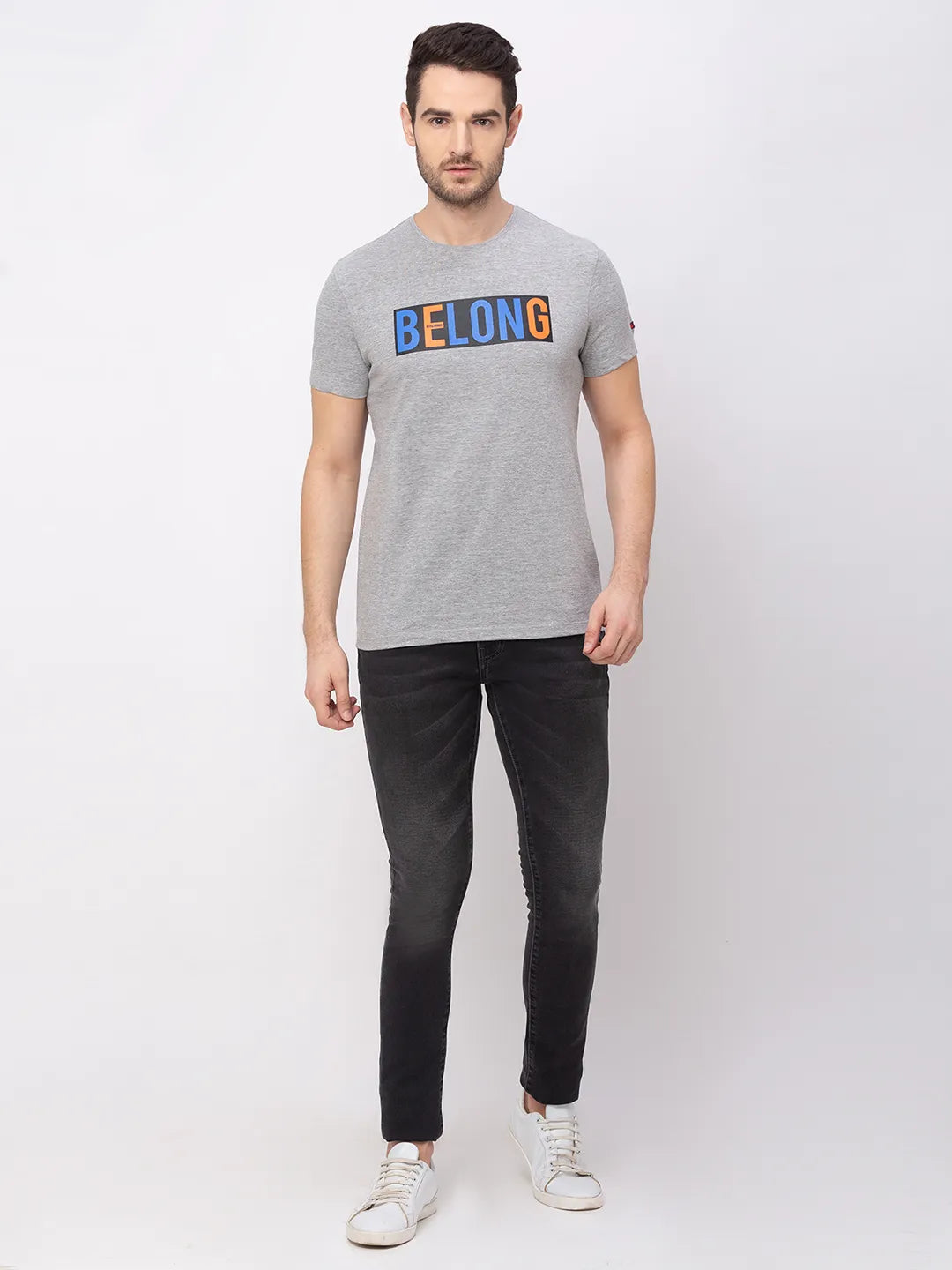 Grey Melange Regular Fit Round Neck Men's T-Shirt by Being Human Clothing