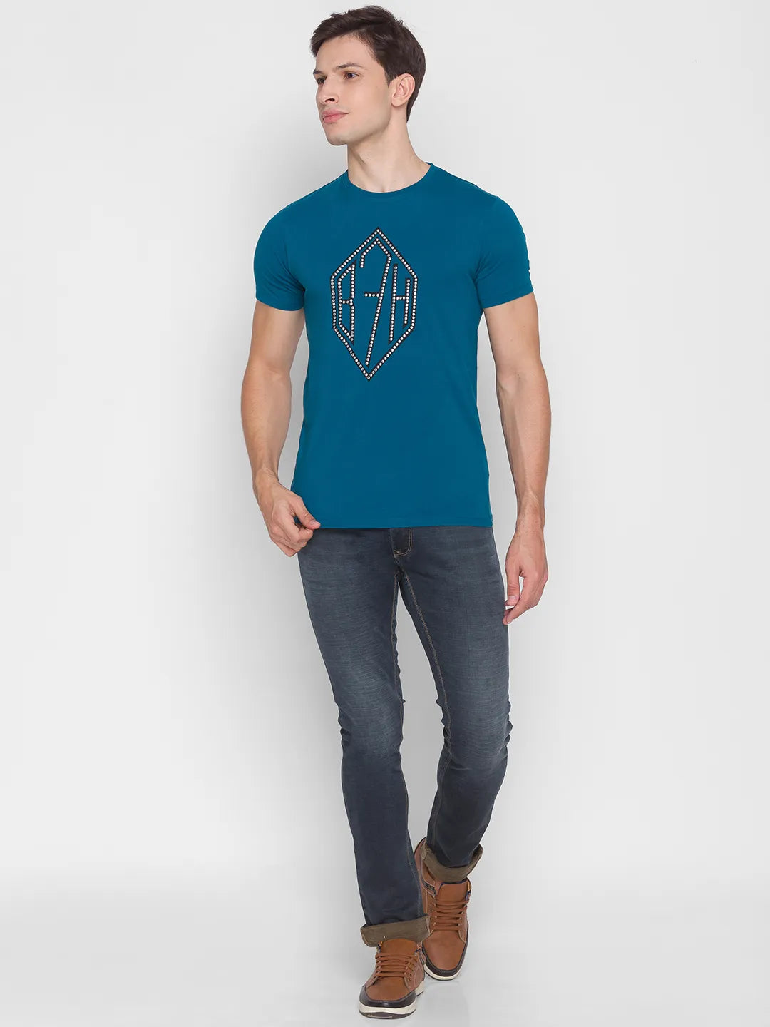 Teal Regular Fit Round Neck Men's T-Shirt by Being Human Clothing