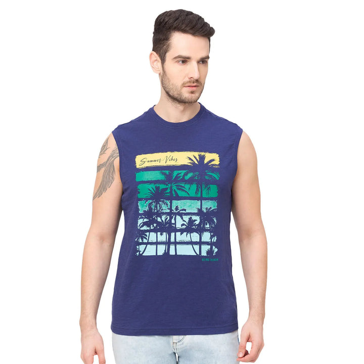 Blue Regular Fit Men's Sleeveless T-Shirt by Being Human Clothing