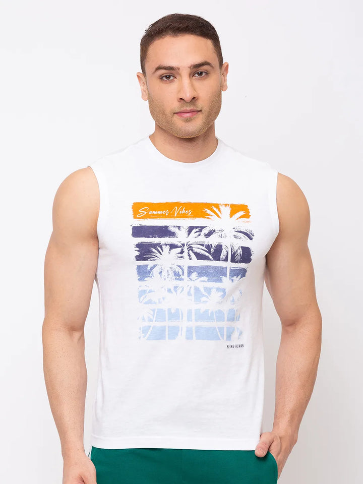 White Sleeveless Round Neck Men's T-Shirt by Being Human Clothing