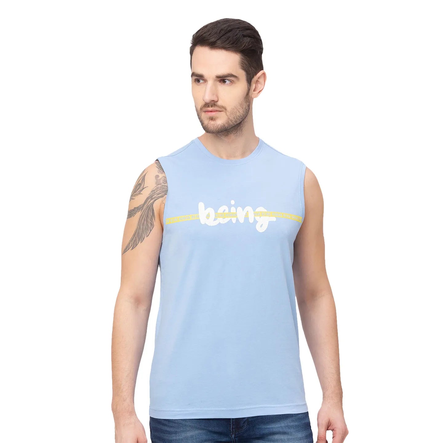 Blue Regular Fit Men's Sleevesles T-Shirt by Being Human Clothing