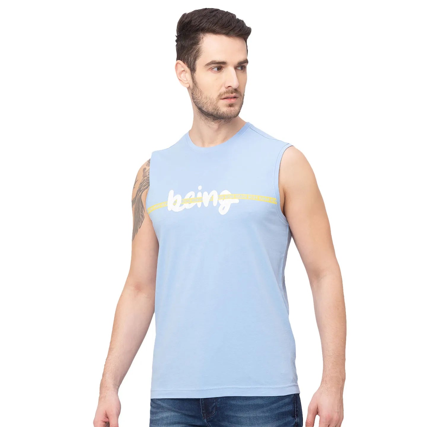 Blue Regular Fit Men's Sleevesles T-Shirt by Being Human Clothing