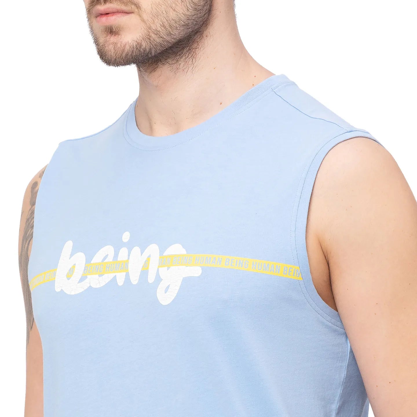 Blue Regular Fit Men's Sleevesles T-Shirt by Being Human Clothing