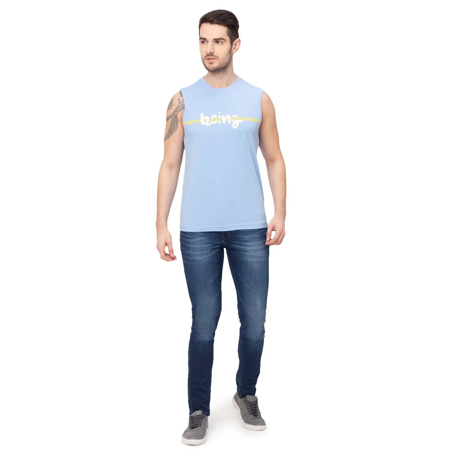 Blue Regular Fit Men's Sleevesles T-Shirt by Being Human Clothing